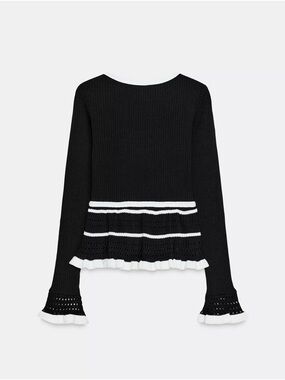 Zara Black Knit Peplum Sweater with White Ruffle Trim